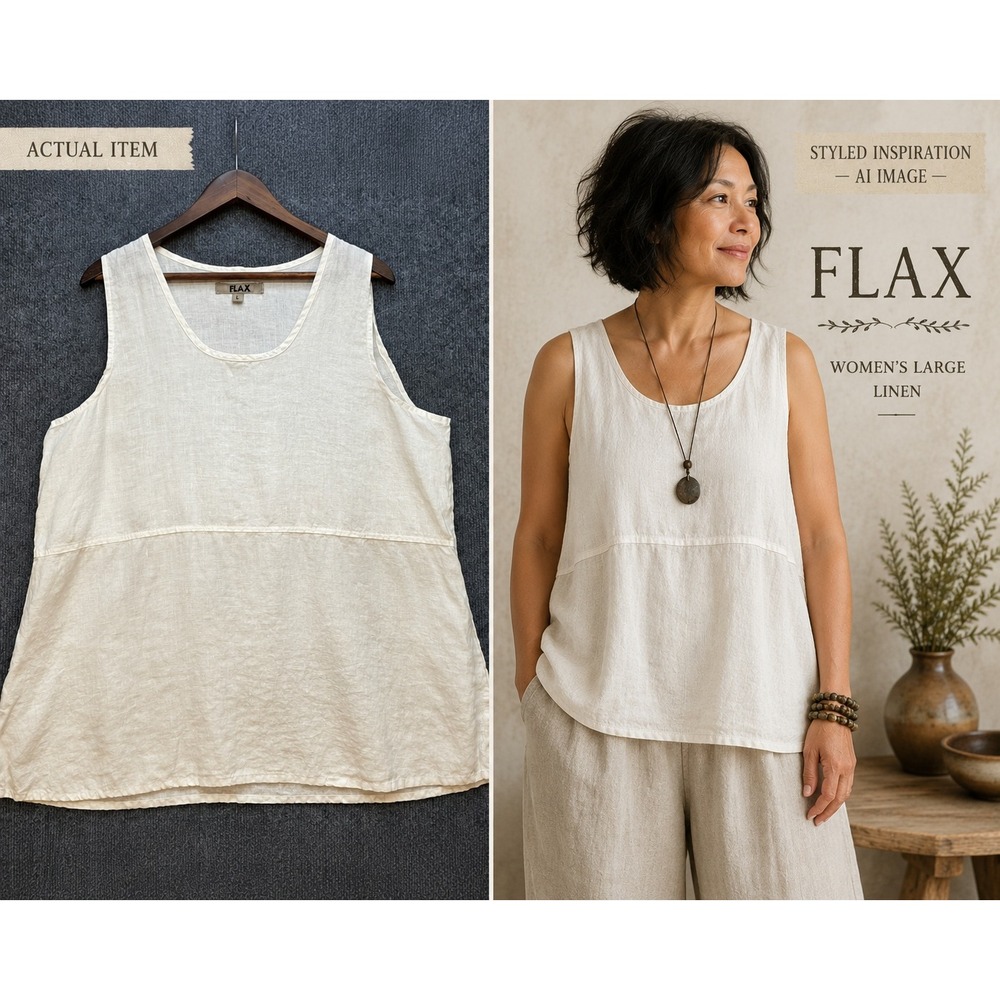 FLAX Linen Tank Top Womens Sleeveless Scoop Neck White L Excellent Lagenlook
